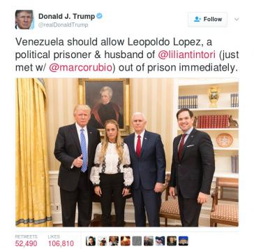 Von Links nach rechts: Trump, Tintori, Vizepräsident Mike Pence und Marco Rubio, republikanischer Senator für Florida, der das Treffen am 15. Februar organisierte Von Links nach rechts: Trump, Tintori, Vizepräsident Mike Pence und Marco Rubio, republikanischer Senator für Florida, der das Treffen am 15. Februar organisierte