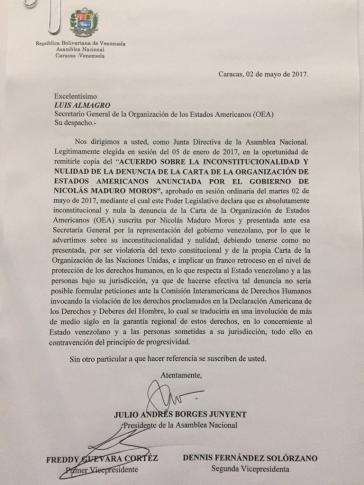 Dieser Brief der Opposition aus Venezuela an die OAS stellt deren Argumente gegen den Austritt dar