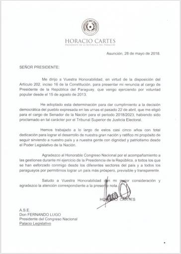 Mit diesem Schreiben hat der noch amtierende Präsident von Paraguay, Horacio Cartes, seinen Rücktritt eingereicht