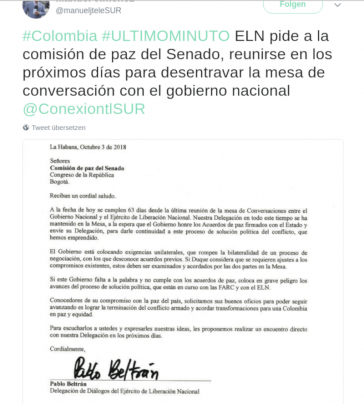 Pablo Beltrán ersucht für die ELN die Friedenskommission des Senats von Kolumbien, die Regierung des Landes zur Fortsetzung der Friedensgespräche zu drängen