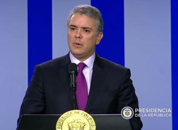 Kolumbiens Präsident Iván Duque forderte bei der Pressekonferenz weitere Sanktionen gegen Venezuela (Screenshot)
