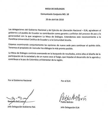 Die Verhandlungsführer der Regierung Kolumbiens und der Guerillaorganisation ELN bestätigen die Fortsetzung der Gespräche an einem neuen Ort