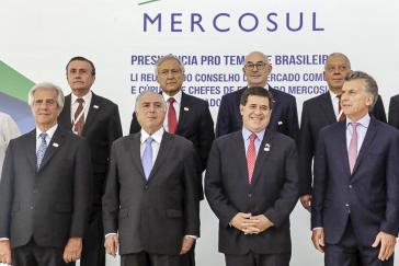 Von links nach rechts: Die Präsidenten Tábare Vázquez (Uruguay), Michel Temer (Brasilien), Horacio Cartes (Paraguay) und Mauricio Macri (Argentinien) beim Mercosur-Gipfel im Dezember 2017