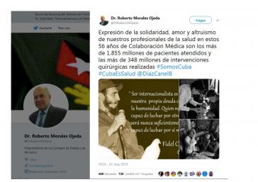 Dr. Roberto Morales Ojeda würdigt die geleistete medizinischen Hilfe Kubas via Twitter Twitterpost Dr. Roberto Morales Ojeda