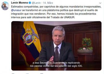 Ecuadors Präsident Moreno bei seiner Fernsehansprache zum Austritt aus der Unasur (Screenshot)