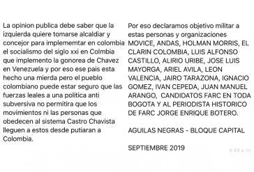 Per Whatsapp drohen die "Aguilas Negras-Bloque Capital“ mehreren Organisationen und Einzelpersonen in Bogotá