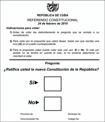 Abstimmungszettel für das Verfassungsreferendum in Kuba: "Bestätigen Sie die neue Verfassung der Republik?" „Ja“ oder „Nein“