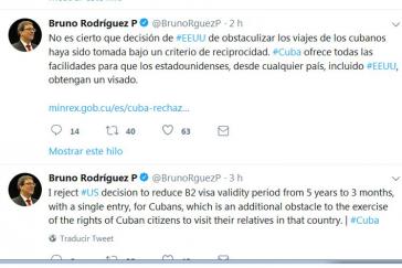 In seinen Tweets bezeichnet Kubas Außenminister Rodríguez die neue Visa-Bestimmung als "weiteres Hindernis zur Ausübung des Rechts kubanischer Bürger, ihre Verwandten zu besuchen"