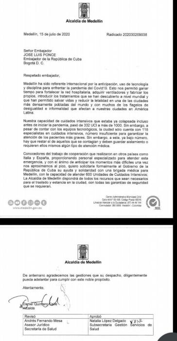 Brief des Bürgermeistern von Medellín an die Botschaft von Kuba in Kolumbien