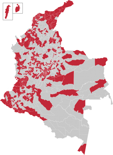 Die rot markierten Gebiete sind in Kolumbien besonders stark vom Coronavirus betroffen