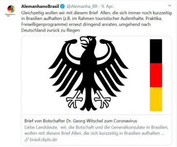 Botschafter Georg Witschel ruft Deutsche auf, Brasilien wegen des Coronavirus' zu verlassen.