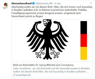 Botschafter Georg Witschel ruft Deutsche auf, Brasilien wegen des Coronavirus' zu verlassen. Botschafter Georg Witschel ruft Deutsche auf, Brasilien wegen des Coronavirus' zu verlassen.