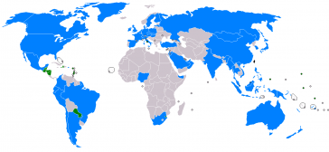 Internationale Beziehungen zu Taiwan. Grün für offizielle diplomatische Beziehungen, blau für nicht-offizielle, oft Handelsbeziehungen.