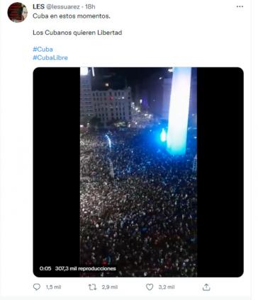 Eins von vielen falschen Bildern: "Kuba in diesem Moment. Die Kubaner wollen Freiheit". Das Bild zeigt den Obelisk in Buenos Aires. Gefeiert wird Argentiniens Sieg bei der Copa America