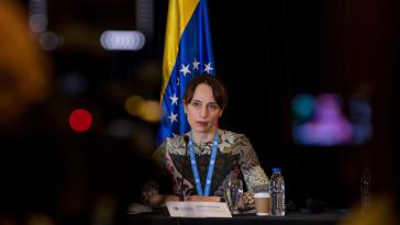 Übt scharfe Kritik an Sanktionen: UN-Sonderberichterstatterin Alena Douhan bei ihrer Pressekonferenz in Caracas am 12. Februar