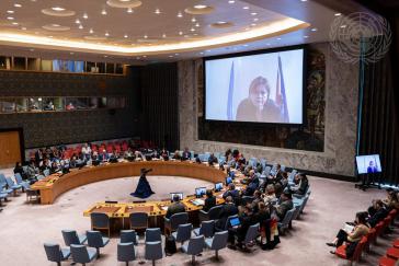 Sitzung des Sicherheitsrates am 17. Oktober, während des Redebeitrags von Helen La Lime (USA), Sonderbeauftragte des UN-Generalsekretärs für Haiti seit 2019