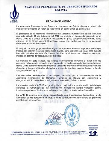 Vorwurf des versuchten Genozids durch die Ständige Versammlung für Menschenrechte in Bolivien Stellungnahme APDHB