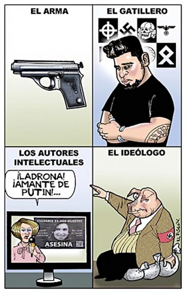 Karikatur aus Mexiko zum Attentat: "Die Waffe – Der Schütze – Die geistigen Urheber ('Diebin', 'Geliebte von Putin') – Der Ideologe" Karikatur aus Mexiko zum Attentat: "Die Waffe – Der Schütze – Die geistigen Urheber ('Diebin', 'Geliebte von Putin') – Der Ideologe"