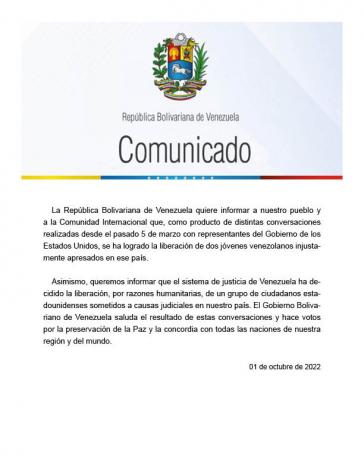 Kommuniqué der Regierung Maduro zu dem Gefangenenaustausch