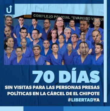 Eine Kollage der oppositionellen Unidad Nacional Azul y Blanco vom 4. November prangert 70 Tage ohne Besuche an. Die Bilder der Gefangenen wurden im August bei den Gerichtsanhörungen gemacht