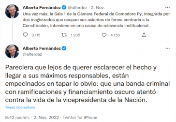 Präsident von Argentinien befürchtet die Verschleierung der Hintergründe des Attentats auf seine Vizepräsidentin Präsident von Argentinien befürchtet die Verschleierung der Hintergründe des Attentats auf seine Vizepräsidentin