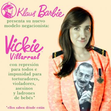 Satirisches Bild von Victoria Villarruel mit Hitler-Bart. Dazu der Text: "Klaus Barbie stellt ein neues Verleugnungsmodell vor: Vickie Villarruel, mit Repression für alle und Straffreiheit für Folterer, Vergewaltiger, Mörder und Babydiebe."