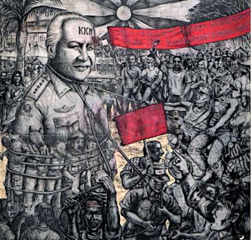 Banner des indonesischen Künstlerkollektivs Taring Padi gegen Suharto und seine Generäle. KKN heißt: Korruption, geheime Absprachen, Vetternwirtschaft (Korupsi Kolusi Nepotisme)