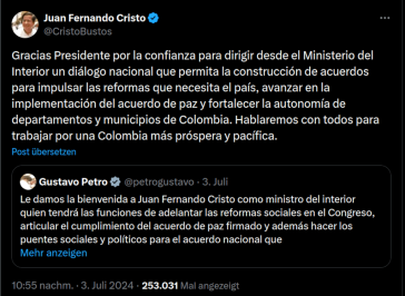 Vertrauensbekundungen zwischen Petro und seinem neuen Innenminister Juan Fernando Cristo Vertrauensbekundungen zwischen Petro und seinem neuen Innenminister Juan Fernando Cristo