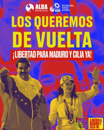 Die Sozialbewegungen von ALBA Movimientos fordern Freiheit und Rückkehr von Nicolás Maduro und Cilia Flores. Die Sozialbewegungen von ALBA Movimientos fordern Freiheit und Rückkehr von Nicolás Maduro und Cilia Flores.