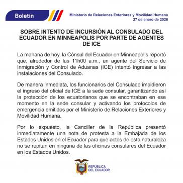 Die Regierung in Ecuador protestiert gegen das versuchte Eindringen in das ecuadorianische Konsulat in Minneapolis Die Regierung in Ecuador protestiert gegen das versuchte Eindringen in das ecuadorianische Konsulat in Minneapolis