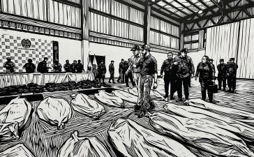 "Das Bild einer Niederlade", Karikatur über den Auftritt von De la Espriella bei den Leichensäcken getöteter Mitglieder bewaffneter Gruppen "Das Bild einer Niederlade", Karikatur über den Auftritt von De la Espriella bei den Leichensäcken getöteter Mitglieder bewaffneter Gruppen