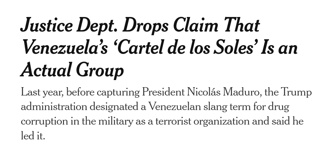 Titel des New-York-Times-Artikels über das angebliche Drogenkartell Titel des New-York-Times-Artikels: Justice Dept. Drops Claim That Venezuela’s ‘Cartel de los Soles’ Is an Actual Group