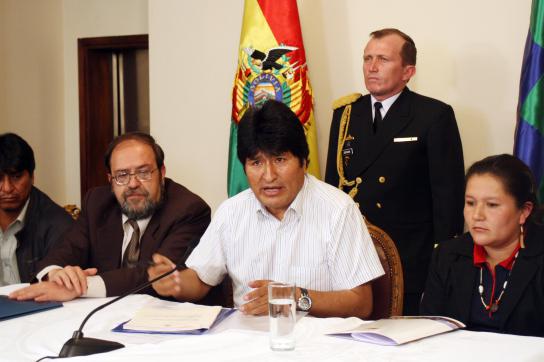 Erklärt die "Bildungsrevolution": Präsident Evo Morales auf der Pressekonferenz Präsident Evo Morales auf der Pressekonferenz