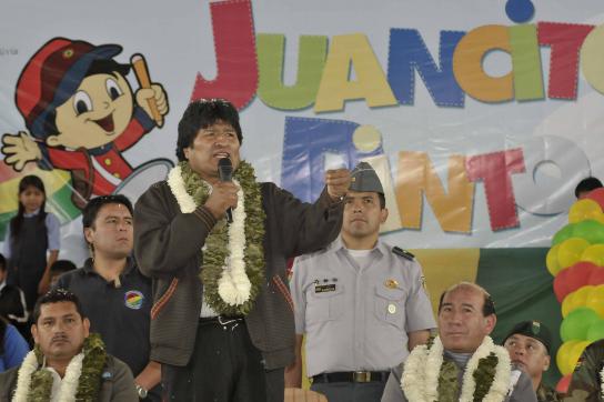 Evo Morales bei der Feierlichen Zeremonie zur Auszahlung von "Juancito Pinto"