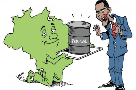 Karikatur zeigt Obama, der versucht, auf das brasilianische Erdöl zuzugreifen