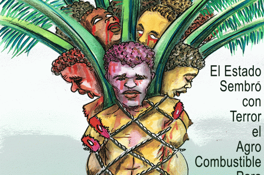 Zeichnung verstümmelter Opfer des Paramilitarismus als Teile eines Palmölbaums