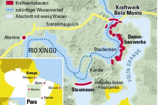 Karte von Staudamm Belo Monte mit Volta Grande