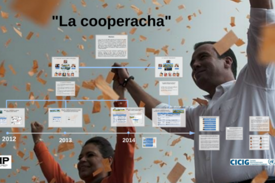 Ex-Präsident Pérez Molina sowie Vize Roxana Baldetti: Darstellung der Verstrickungen im Korruptionsfall "La Cooperacha" in Guatemala