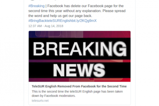 Telesur nutzt seinen Twitter-Account und verbreitet das Thema über den Hashtag #BringBackteleSUREnglish