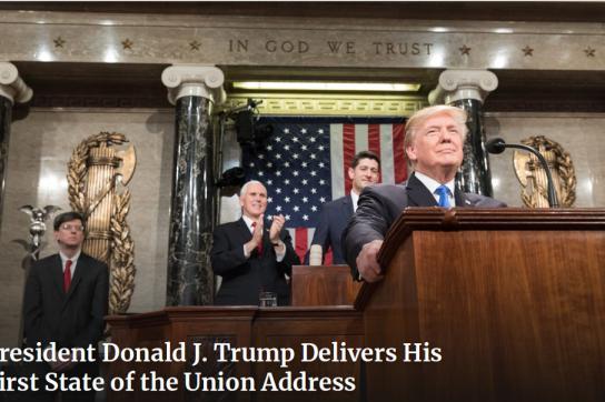 Der Präsident der USA, Donald Trump, bei seiner ersten Rede zur Lage der Nation am 30. Januar 2018 (Screenshot)