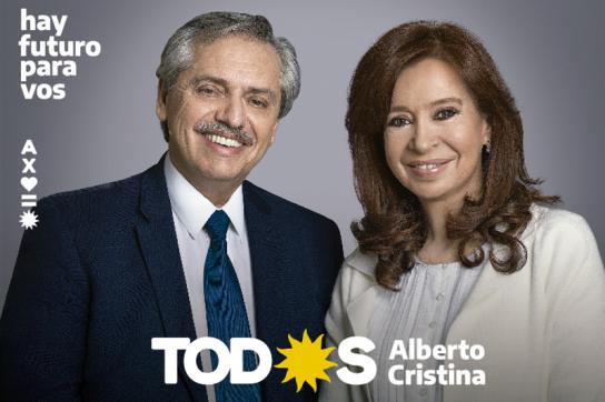 Wahlplakat des Bündnisses "Frente de Todos". Das Kandidatenduo Fernández/Fernández liegt in der Wählergunst derzeit weit vorn