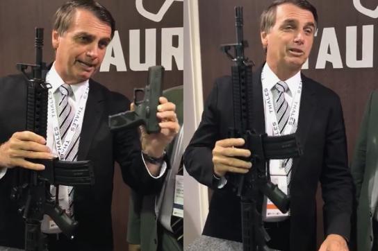 "Mehr Waffen, mehr Sicherheit" – Expert:innen widersprechen diesem Credo von Jair Bolsonaro, hier bei einer Waffenmesse 2017 (Screenshot/Montage)