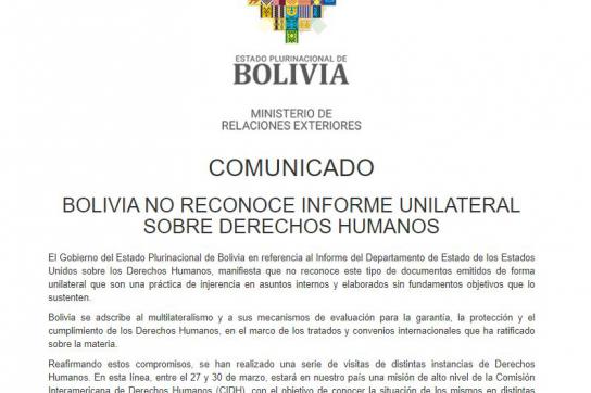 Stellungnahme des bolivianischen Außenministeriums zum US-Bericht