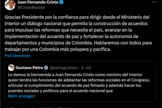 Vertrauensbekundungen zwischen Petro und seinem neuen Innenminister Juan Fernando Cristo