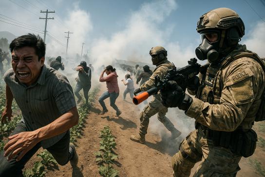Durch Sora-KI generiertes Bild. Basierend auf Fotos der Razzien auf Farmen im Ventura County, Kalifornien, am 10. Juli