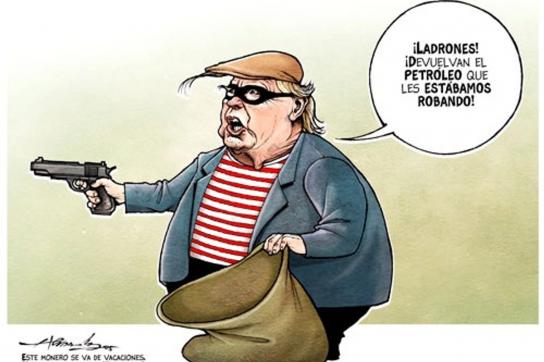 Cartoon "Gefährlicher Verbrecher" von Hernandez:"Diebe! Gebt das Öl zurück, das wir euch gestohlen haben!"