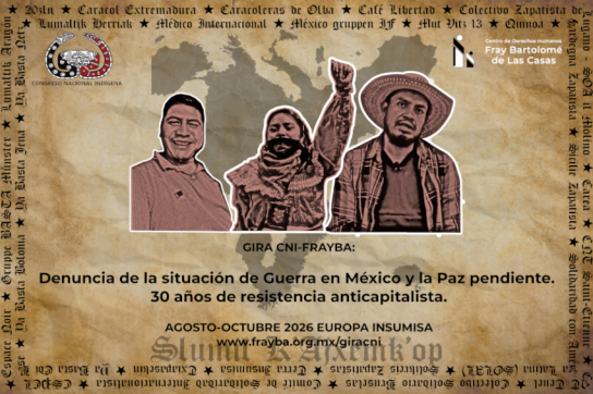 Der festgenommene Sprecher des CIPOG-EZ, Jesús Plácido, rechts im Bild auf einem Protestplakat der CNI gegen die "Kriegssituation in Chiapas"